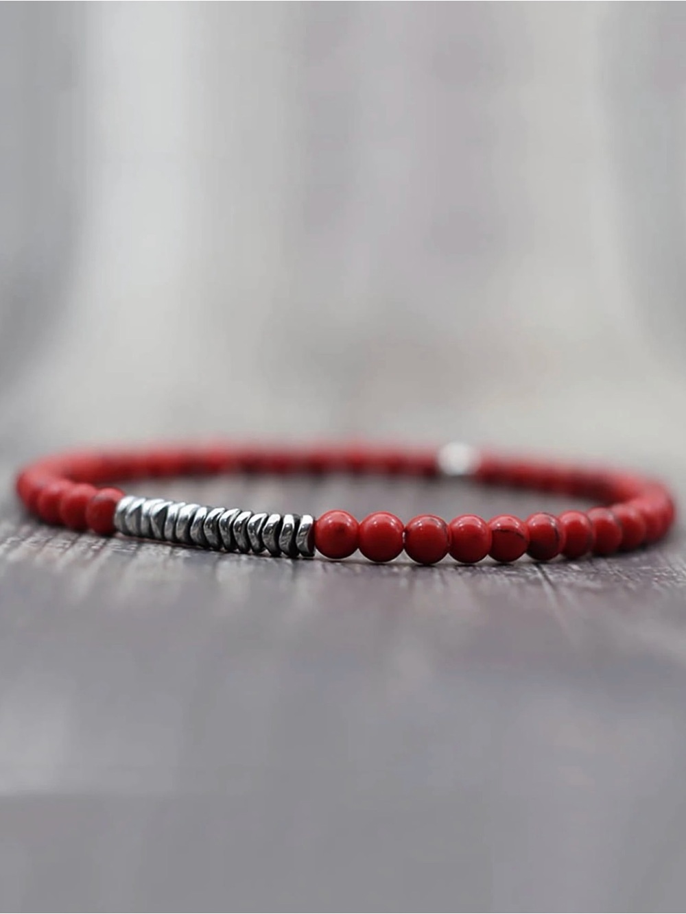 Red Beaded stone Stretch Bracelet Silver Accents men’s waterproof
